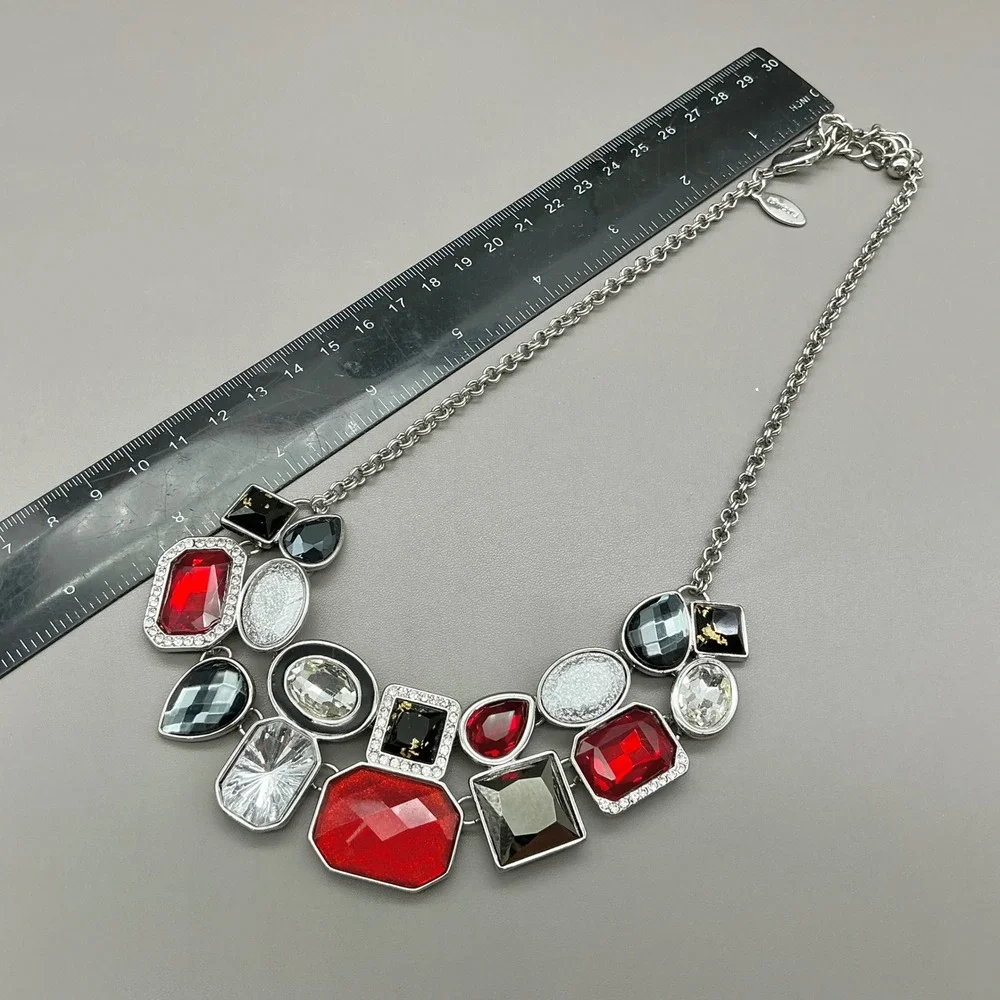 Chico's Necklace Red Black Rhinestone Silver Tone Geometric Bib Statement Chunky